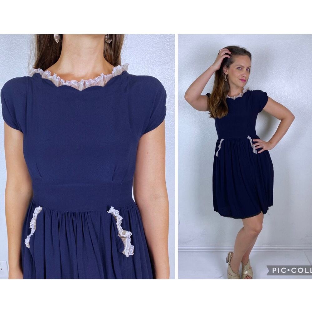 vintage 40s/50s SCALLOPED Navy Blue Lace RUFFLE DRESS Small pockets rayon pinup